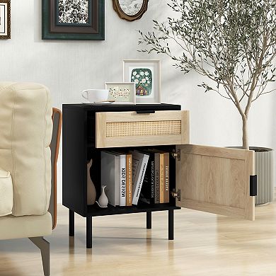 Rattan Nightstand Set of 2 with Drawer and Cabinet