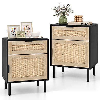 Rattan Nightstand Set of 2 with Drawer and Cabinet