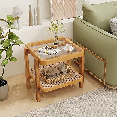 Rattan 2-Tier End Side Table with Tempered Glass Top Acacia Wood Legs