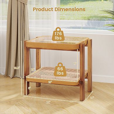 Rattan 2-Tier End Side Table with Tempered Glass Top Acacia Wood Legs