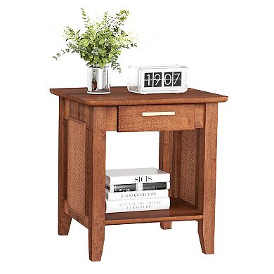 Rattan Nightstand End Table with Drawer and Storage Shelf