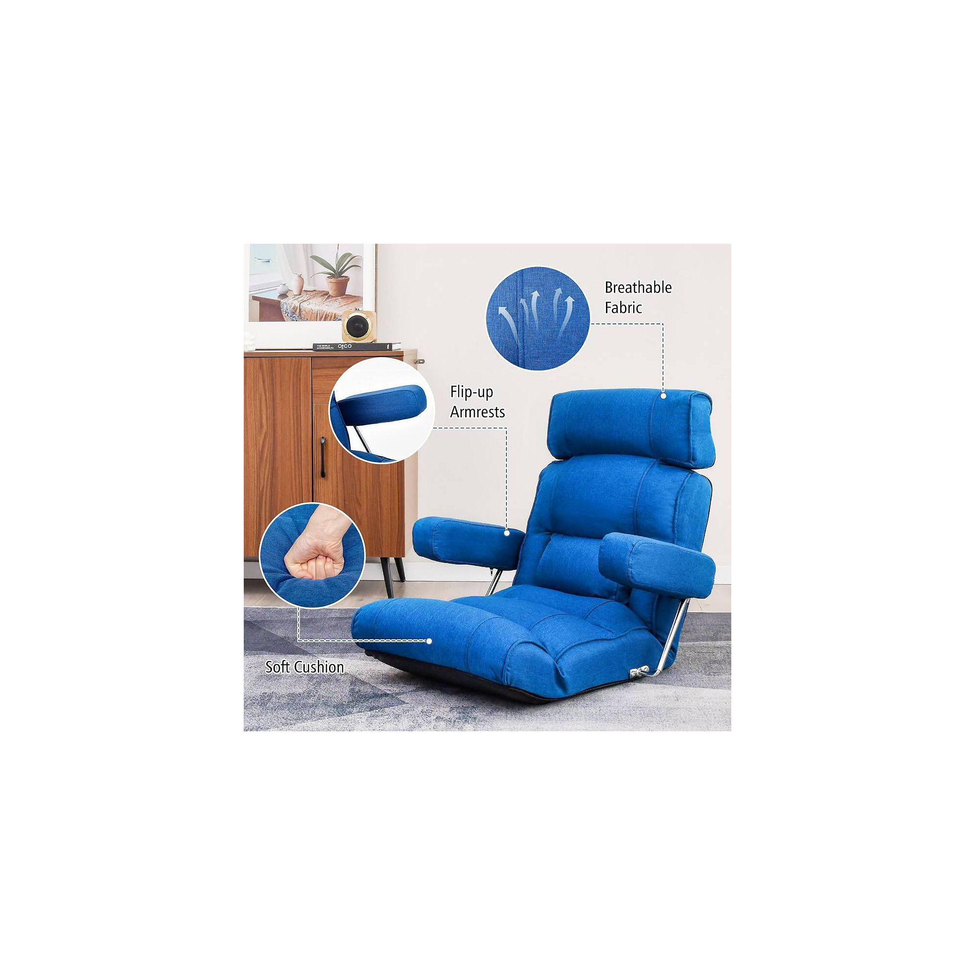 Blue extendable armrest floor chair showing flip-up armrests and breathable fabric details.
