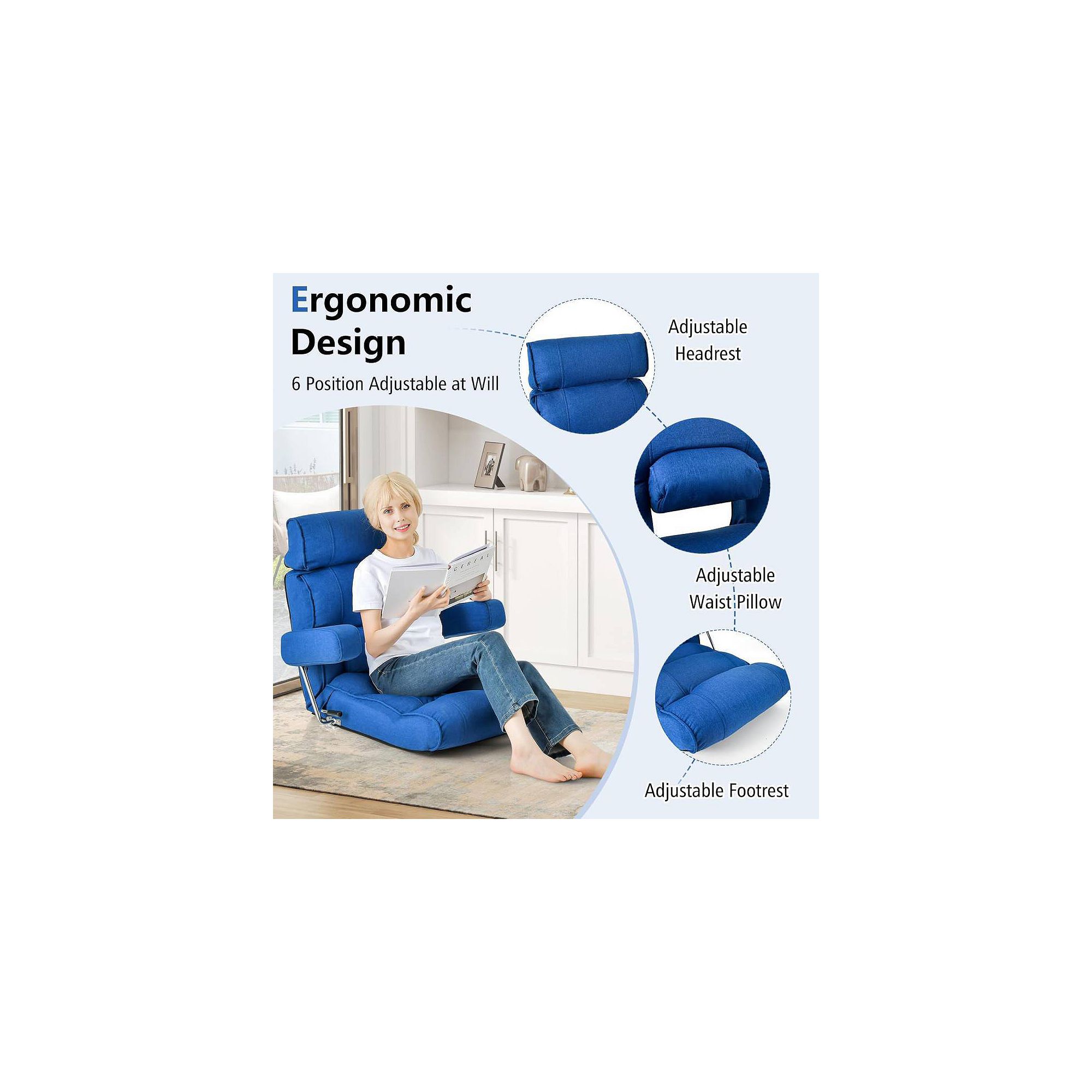 Blue extendable armrest floor chair with ergonomic adjustable headrest, waist pillow and footrest.