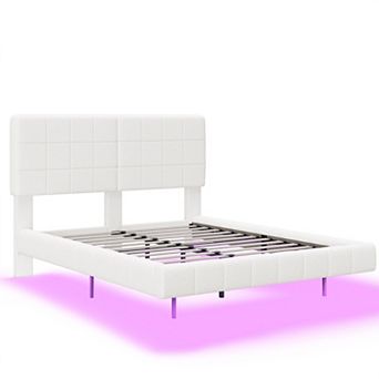 Arc Modern Boucle Floating Platform Bed Rounded Corners Ambient Lighting by Christopher Knight Home
