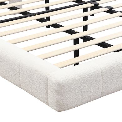 Arc Modern Boucle Floating Platform Bed Rounded Corners Ambient Lighting by Christopher Knight Home