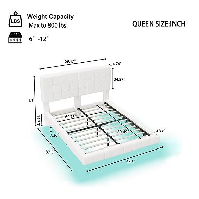 Arc Modern Boucle Floating Platform Bed Rounded Corners Ambient Lighting by Christopher Knight Home