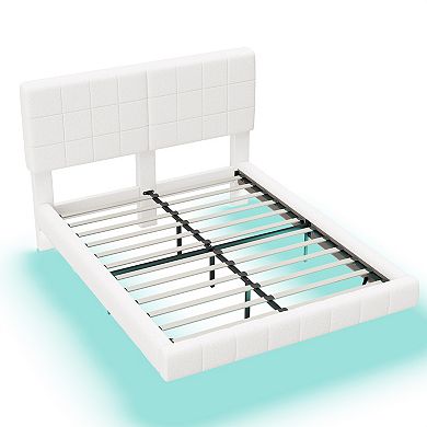 Arc Modern Boucle Floating Platform Bed Rounded Corners Ambient Lighting by Christopher Knight Home