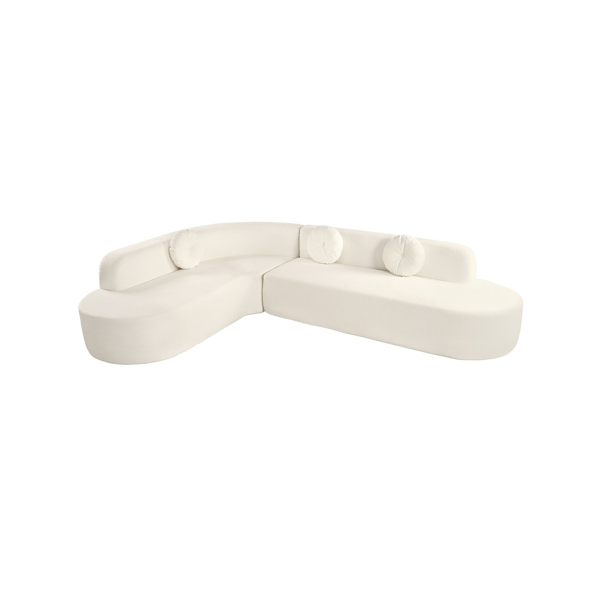 L-shaped curved sectional sofa in off-white with round accent pillows
