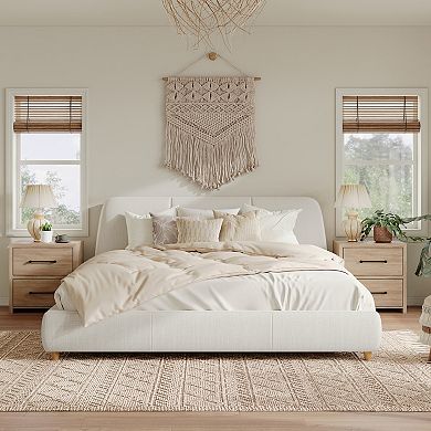 Modern Linen Upholstered Platform Bed with Solid Wood Legs by Christopher Knight Home