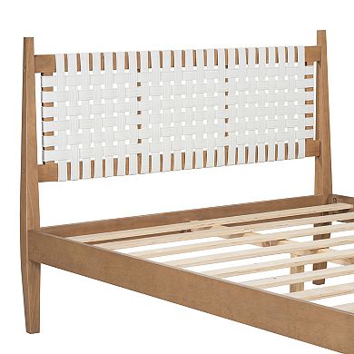 Grains Mid-Century Woven Leather Platform Bed Open-Weave Headboard by Christopher Knight Home