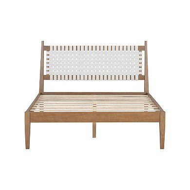 Grains Mid-Century Woven Leather Platform Bed Open-Weave Headboard by Christopher Knight Home