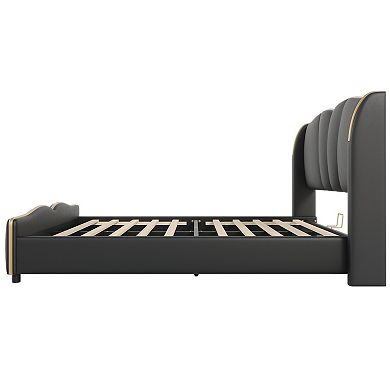 Emerson Modern PU Leather Bed with Wingback Headboard Sculpted by Christopher Knight Home