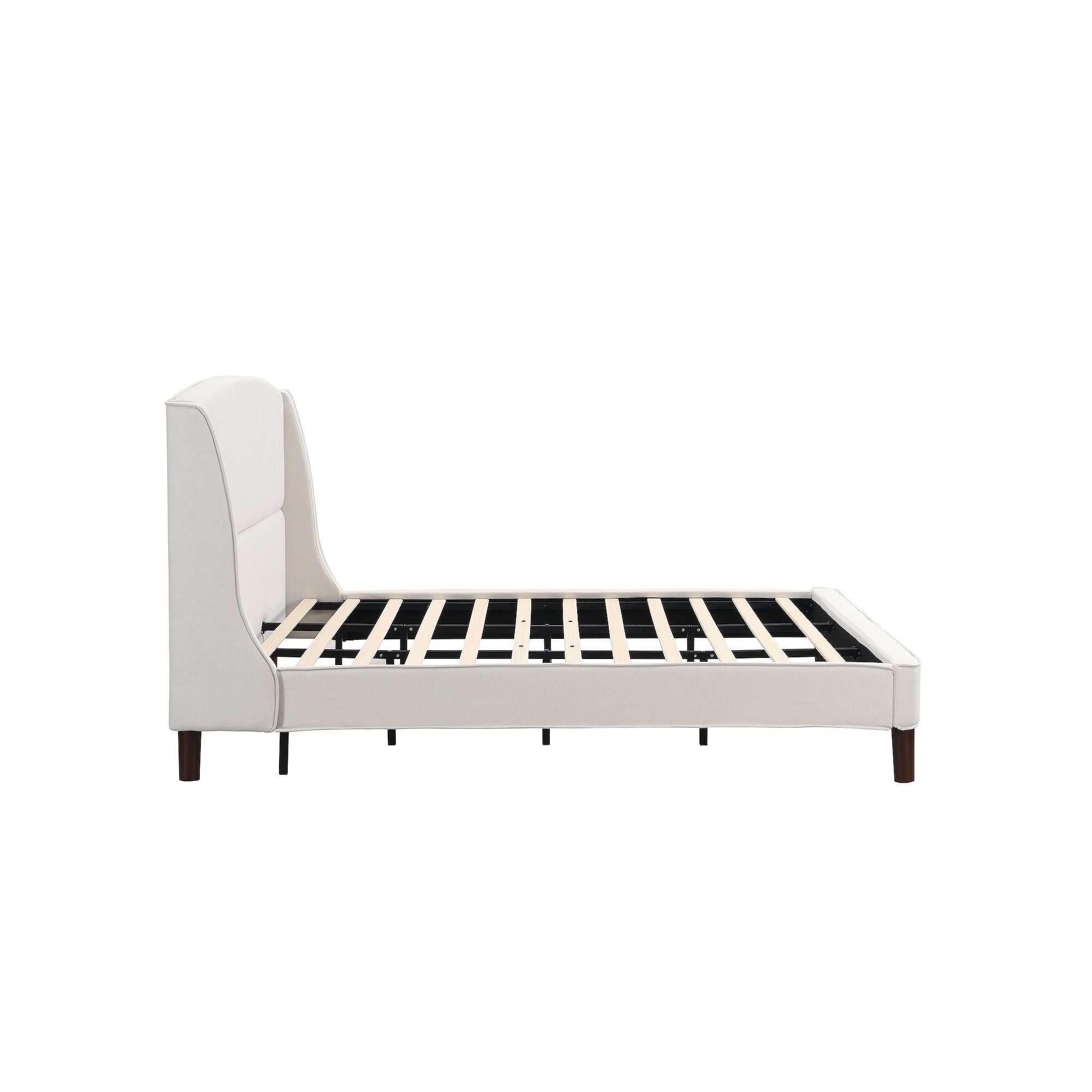 White upholstered platform bed with wingback end panel and slatted base