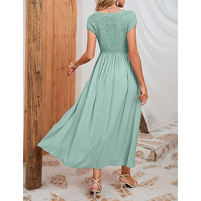 chinese dress ladies Light Smoke Heather Wool Jersey Knit Crew Neck Short Sleeve A-Line Dress