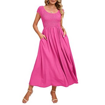 Women’s Casual Summer A-Line Midi Dress Short Sleeve Round Neck Ideal for Wedding Guest