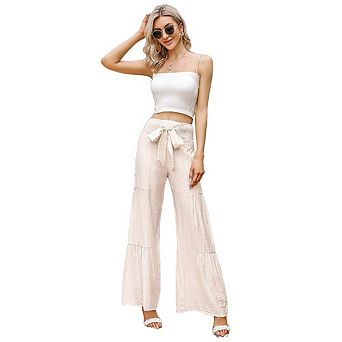Women Pant With Belt Wide Leg High Waist Pants Smocked Elastic Waist Loose Flowy Casual Pants