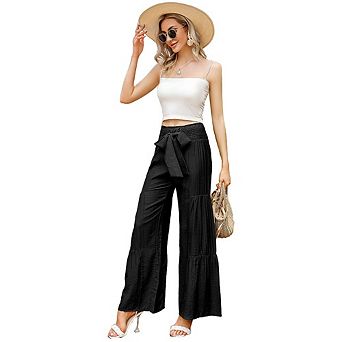 Women Pant With Belt Wide Leg High Waist Pants Smocked Elastic Waist Loose Flowy Casual Pants