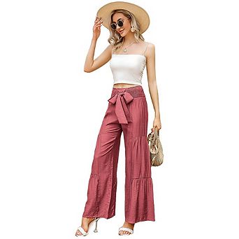 Women Pant With Belt Wide Leg High Waist Pants Smocked Elastic Waist Loose Flowy Casual Pants