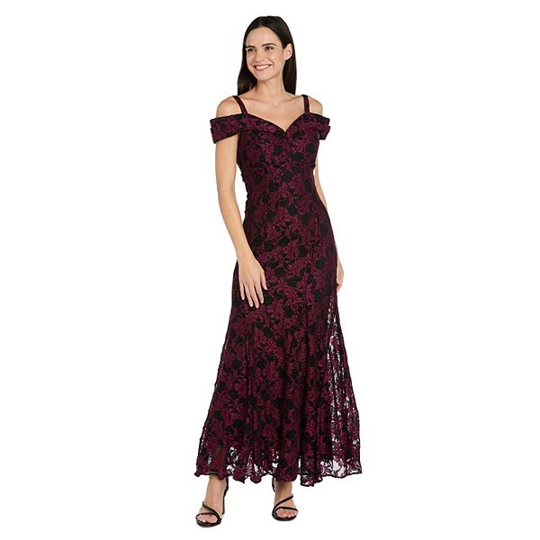 r&m richards off the shoulder lace dress R & M Richards Women's Embroidered-Mesh Mermaid-Skirt Gown - Merlot/Black