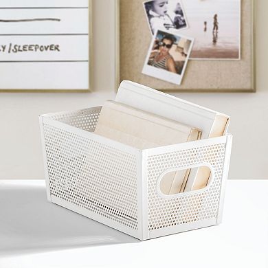 Perforated Metal Storage Bin with Handles for Kitchen and Pantry - Set of 2 - Matte White