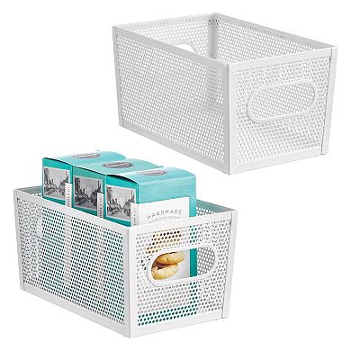Perforated Metal Storage Bin with Handles for Kitchen and Pantry - Set of 2 - Matte White