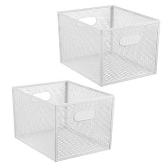 Perforated Metal Storage Bin with Handles for Pantry - Set of 2 - White