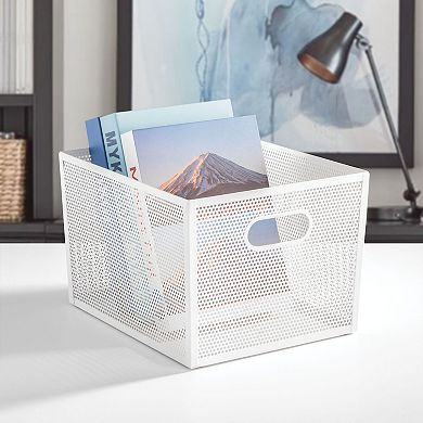 Perforated Metal Storage Bin with Handles for Pantry - Set of 2 - White