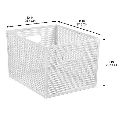 Perforated Metal Storage Bin with Handles for Pantry - Set of 2 - White
