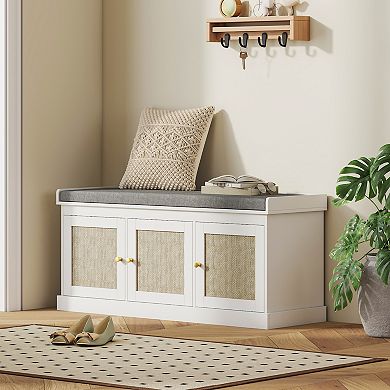 HOMCOM Shoe Bench with Rattan Doors, Cushion, Entryway Shoe Storage