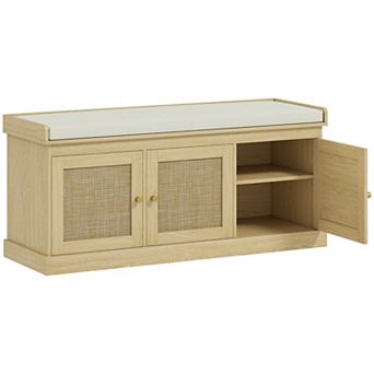 HOMCOM Shoe Bench with Rattan Doors, Cushion, Entryway Shoe Storage