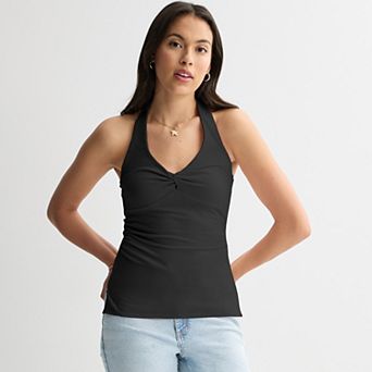Juniors' madden girl Twist Neck Side Ruched Split Hem Halter Top