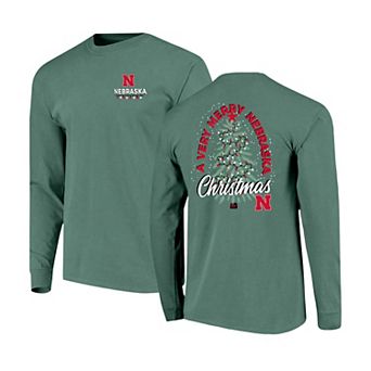 Men's Green Nebraska Huskers Comfort Colors Merry Christmas Tree Long Sleeve T-Shirt