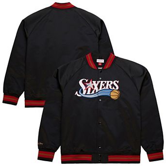 Men's Mitchell & Ness Black Philadelphia 76ers Hardwood Classics Throwback Wordmark Raglan Full-Snap Jacket