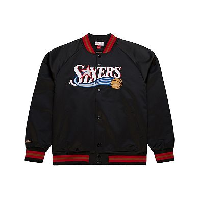 Men's Mitchell & Ness Black Philadelphia 76ers Hardwood Classics Throwback Wordmark Raglan Full-Snap Jacket