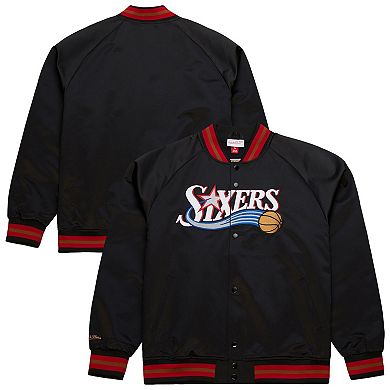 Men's Mitchell & Ness Black Philadelphia 76ers Hardwood Classics Throwback Wordmark Raglan Full-Snap Jacket