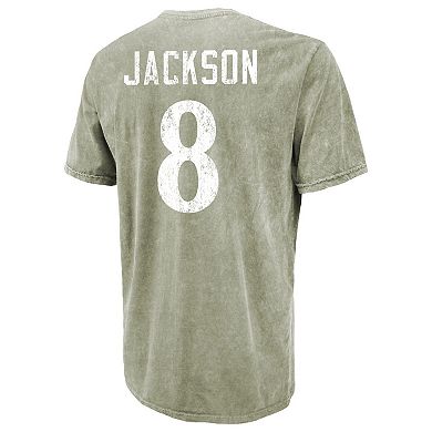 Men's Majestic Threads Lamar Jackson Moss Green Baltimore Ravens Mineral Wash Name & Number T-Shirt