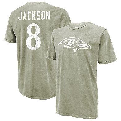 Men's Majestic Threads Lamar Jackson Moss Green Baltimore Ravens Mineral Wash Name & Number T-Shirt