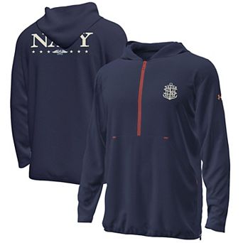 Men's Under Armour Navy Navy Midshipmen 250th Anniversary Uniform Sideline Collection Motion Quarter-Zip Hoodie
