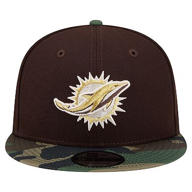 Men's New Era Dark Brown Miami Dolphins Burnt Wood Camo 9FIFTY Snapback Hat