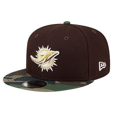 Men's New Era Dark Brown Miami Dolphins Burnt Wood Camo 9FIFTY Snapback Hat