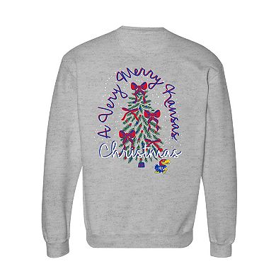Women's Heather Gray Kansas Jayhawks Classic Merry Christmas Tree Crewneck Sweatshirt