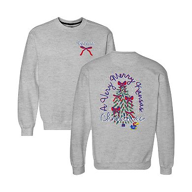 Women's Heather Gray Kansas Jayhawks Classic Merry Christmas Tree Crewneck Sweatshirt
