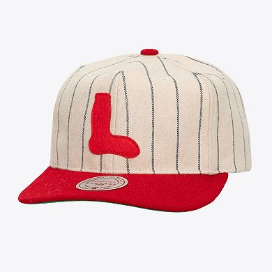 Unisex Mitchell & Ness Cream Boston Red Sox Vintage Ground Melton Wool Pinstripe Adjustable Hat