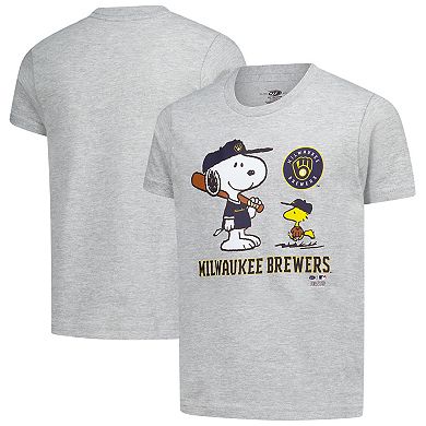 Youth Heather Gray Milwaukee Brewers Peanuts Snoopy T-Shirt