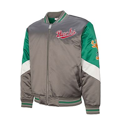 Men's Mitchell & Ness Gray Milwaukee Bucks Throw It Back Heavyweight Full-Zip Satin Jacket