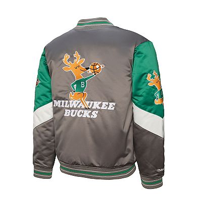 Men's Mitchell & Ness Gray Milwaukee Bucks Throw It Back Heavyweight Full-Zip Satin Jacket