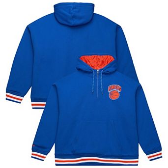 Men's Mitchell & Ness Blue New York Knicks Throw It Back Quilted Fleece Quarter-Zip Hoodie