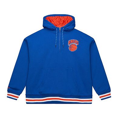 Men's Mitchell & Ness Blue New York Knicks Throw It Back Quilted Fleece Quarter-Zip Hoodie