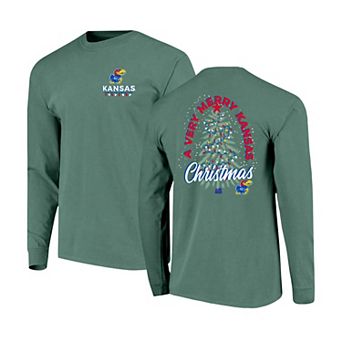 Men's Green Kansas Jayhawks Comfort Colors Merry Christmas Tree Long Sleeve T-Shirt