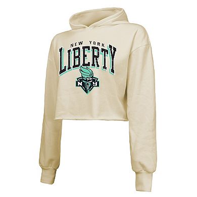 Women's Majestic Threads Cream New York Liberty Circus Shot Drop Shoulder Tri-Blend Cropped Pullover Hoodie